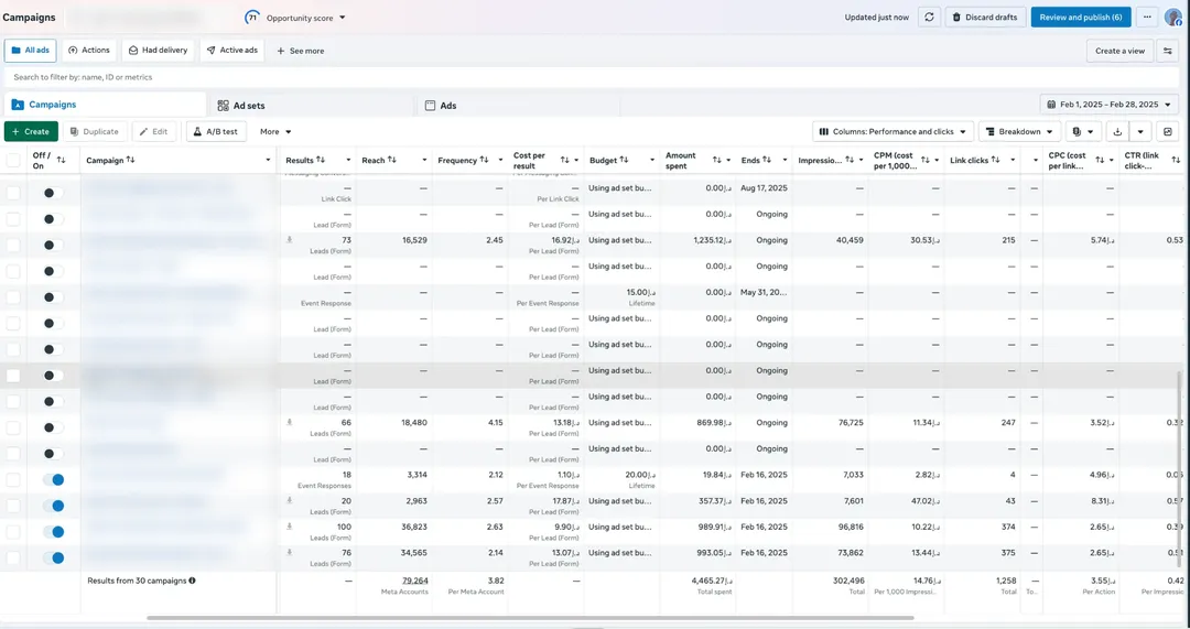 4S Study Abroad Meta Ads Manager campaigns view for Feb 2025, campaign names blurred