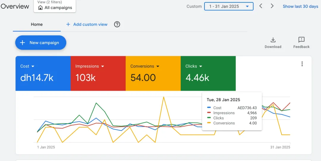 Yalla Renovation Google Ads overview for Jan 2025