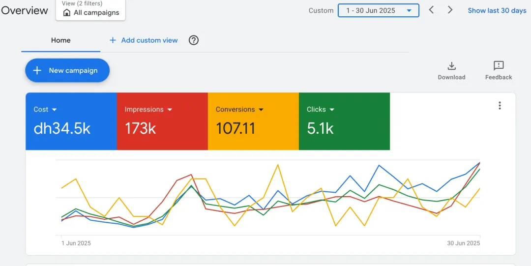 Yalla Renovation Google Ads overview for Jun 2025