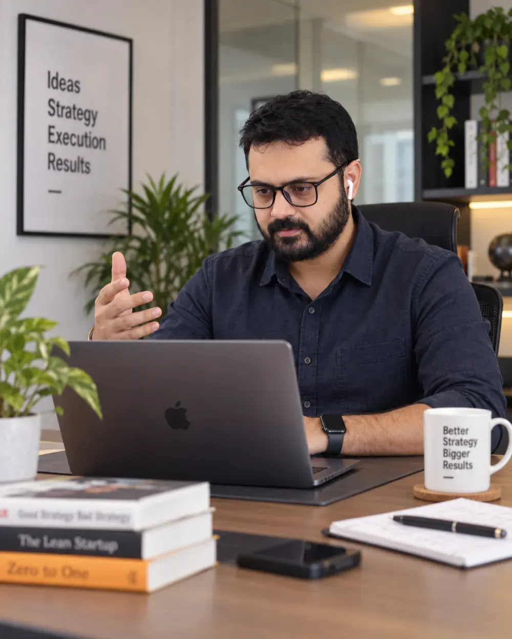 Sushant Rana on a video call with a client at his desk, talking through strategy
