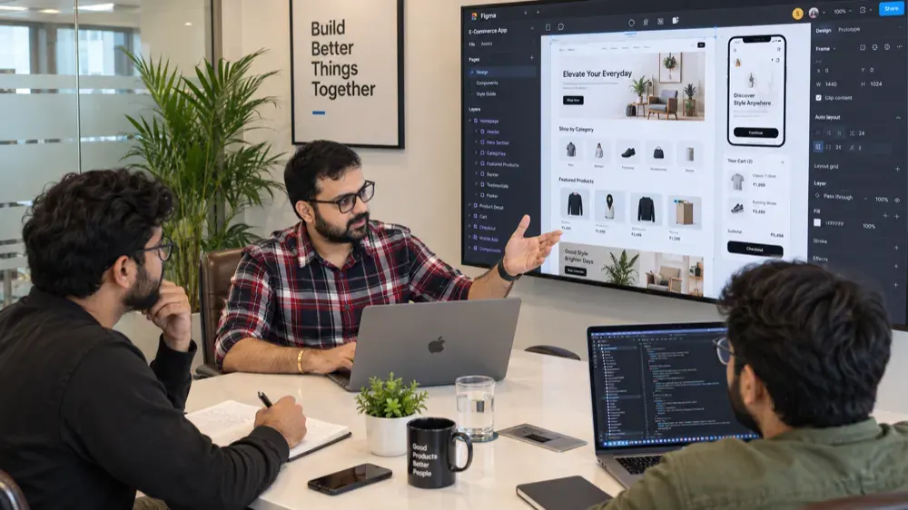 Sushant Rana walking developers through a mobile and desktop store design during a build sprint