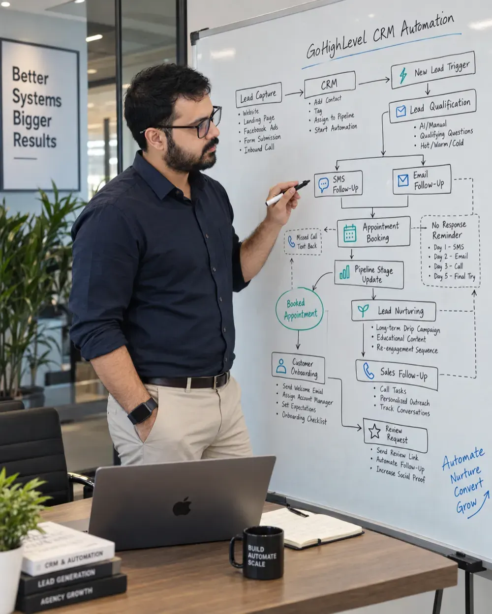 Sushant Rana mapping a GoHighLevel CRM automation workflow on a whiteboard, from lead capture to follow-up