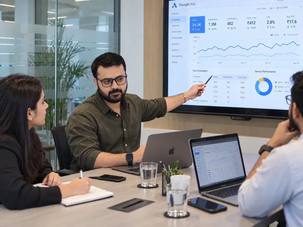 Sushant Rana presenting a Google Ads campaign dashboard to his team in a meeting room