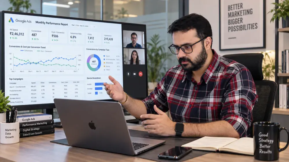 Sushant Rana presenting a monthly Google Ads performance report to clients on a video call