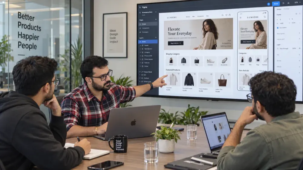 Sushant Rana reviewing an ecommerce store design in Figma with his development team