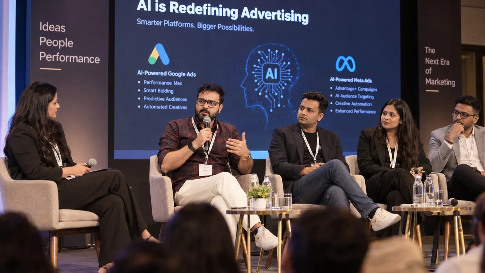 Sushant Rana speaking on a panel discussion about AI in advertising, covering AI-powered Google Ads and Meta Ads