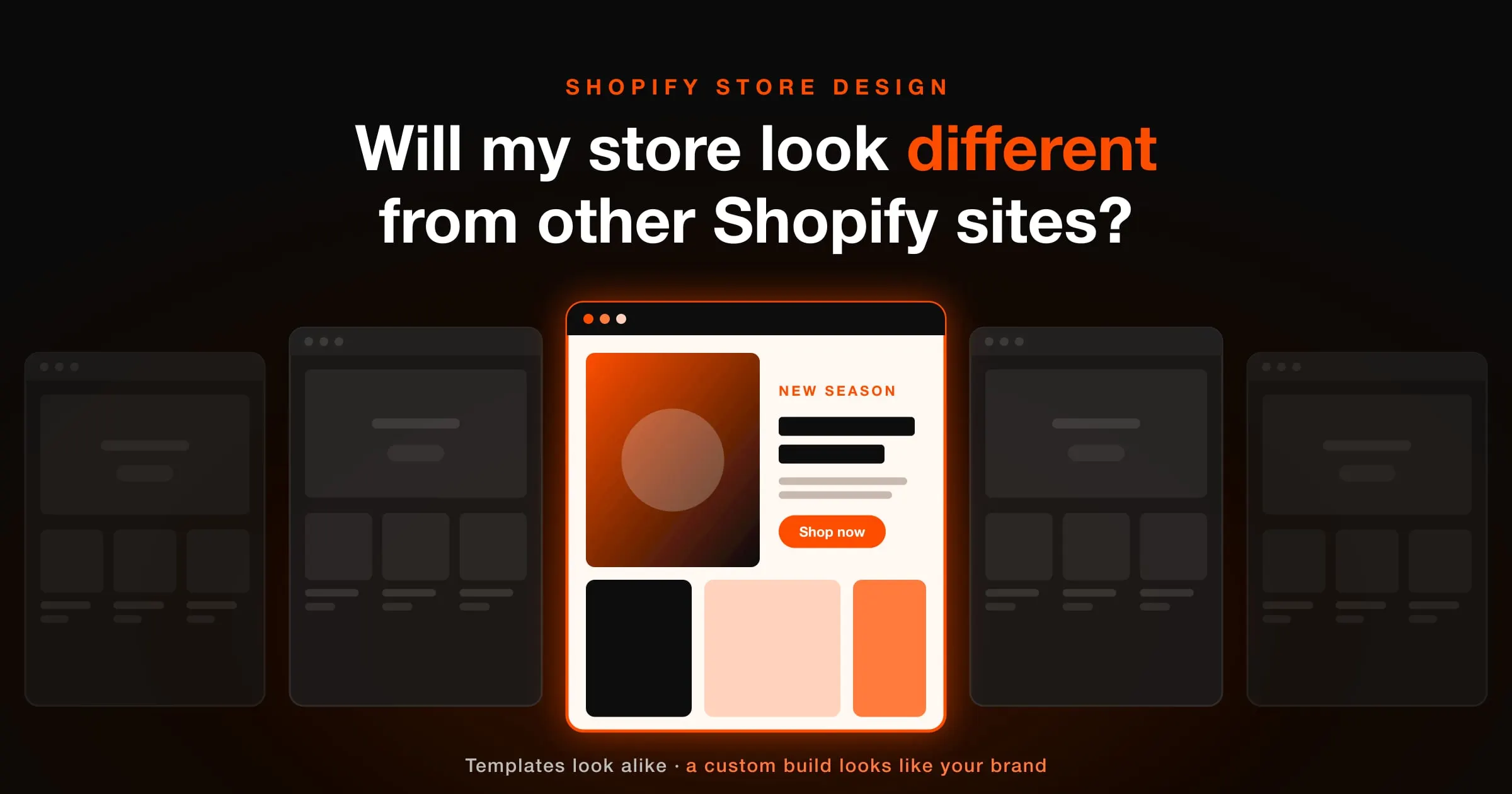 A distinctive orange and cream Shopify storefront standing out from a row of identical grey template stores